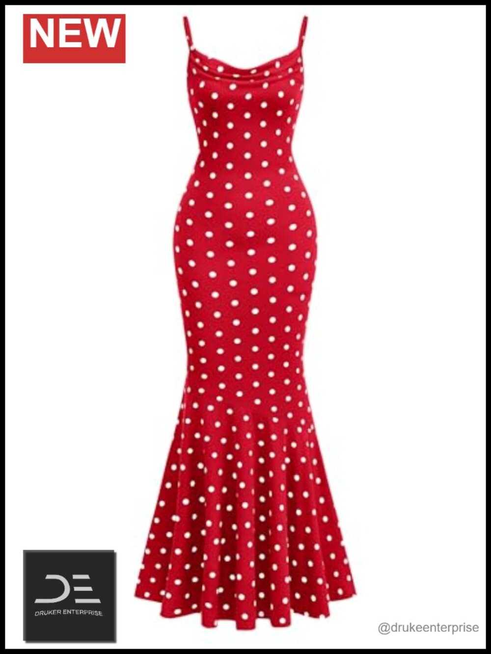 Spaghetti Strap Cowl Neck Bodycon Mermaid Maxi Dress Polka Dot
